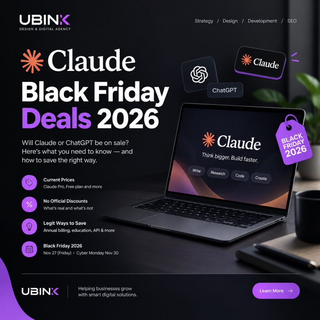 Bar chart of Claude plan prices: Free $0, Pro $20 and Max $100+, a featured image for the Claude pricing and Black Friday guide by UBINK